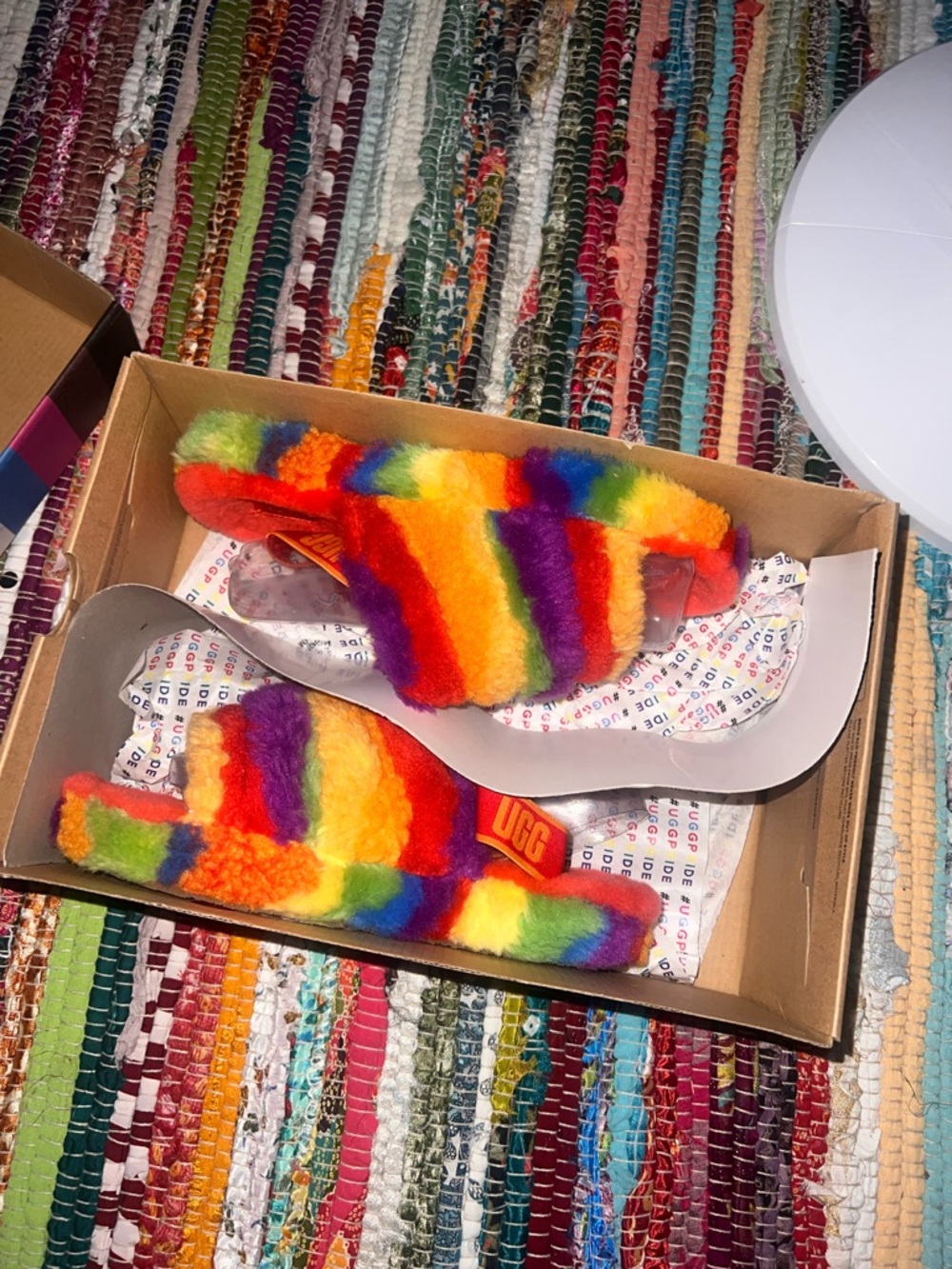 UGG Fluff Yeah Slide Sandals in Rainbow Fur (Fit like USW 8)
